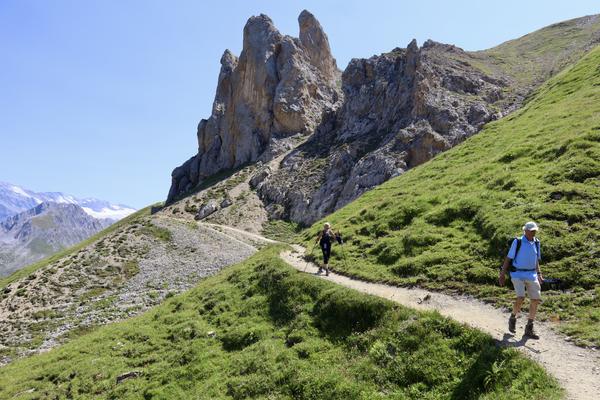Two hikers are traversing a winding dirt path through a vibrant green, grassy mountain landscape under a clear blue sky
